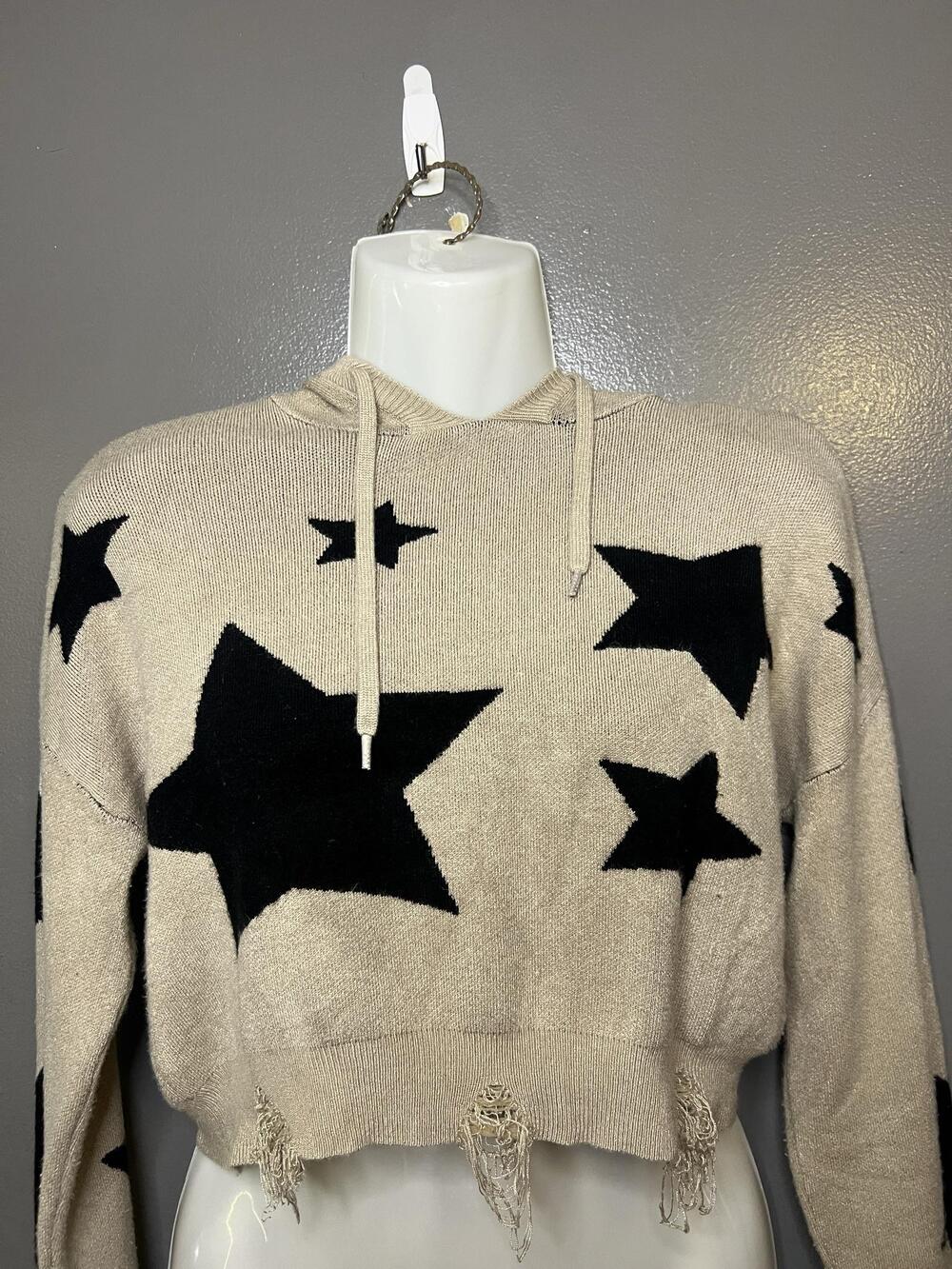 Social Collision Sweater Womens Sm/Med Beige Star Hooded Distressed Cropped